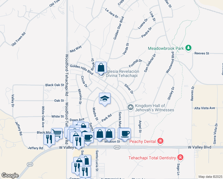 map of restaurants, bars, coffee shops, grocery stores, and more near 21509 Golden Hills Boulevard in Tehachapi