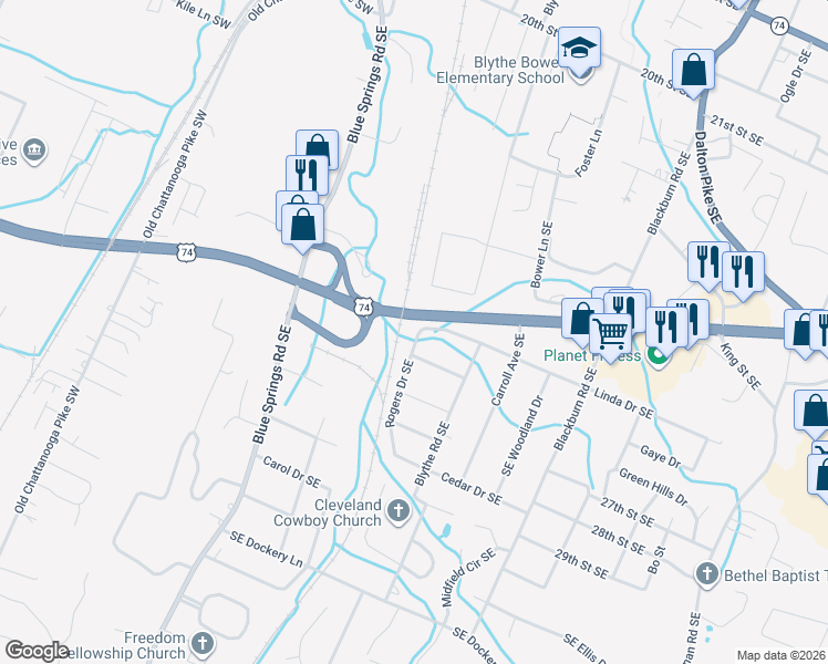 map of restaurants, bars, coffee shops, grocery stores, and more near 2510 Rogers Drive Southeast in Cleveland