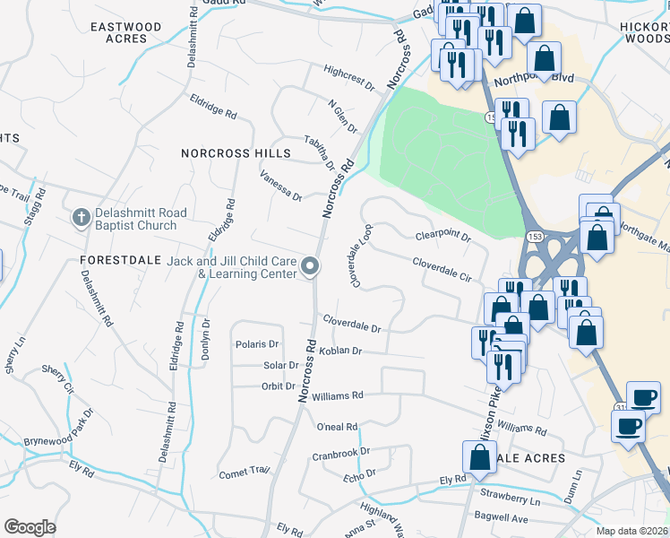 map of restaurants, bars, coffee shops, grocery stores, and more near 4514 Norcross Road in Chattanooga