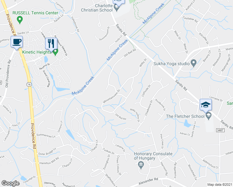 map of restaurants, bars, coffee shops, grocery stores, and more near Mountainview Dr & Blue Ridge Cir in Charlotte