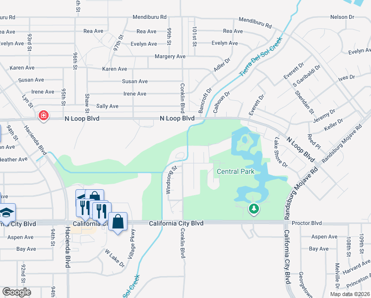 map of restaurants, bars, coffee shops, grocery stores, and more near 21325 Conklin Boulevard in California City