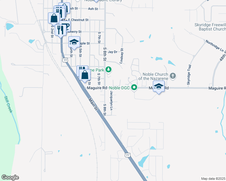 map of restaurants, bars, coffee shops, grocery stores, and more near 701 Jacquelyn Ln in Noble