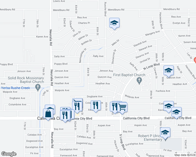 map of restaurants, bars, coffee shops, grocery stores, and more near 8418 Quezon Avenue in California City