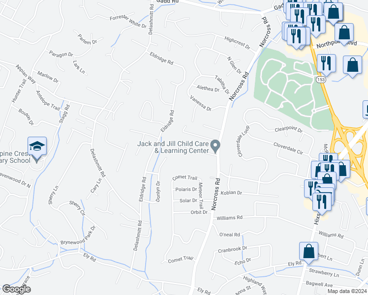 map of restaurants, bars, coffee shops, grocery stores, and more near 1317 Hixson Avenue in Chattanooga