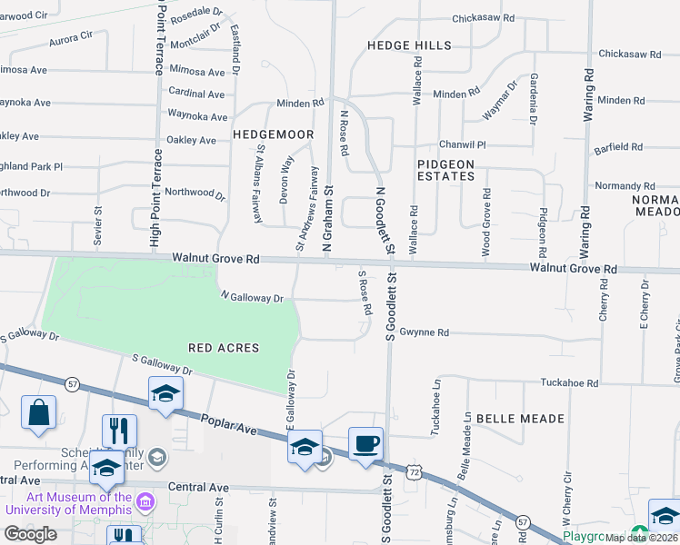map of restaurants, bars, coffee shops, grocery stores, and more near 4009 Walnut Grove Road in Memphis