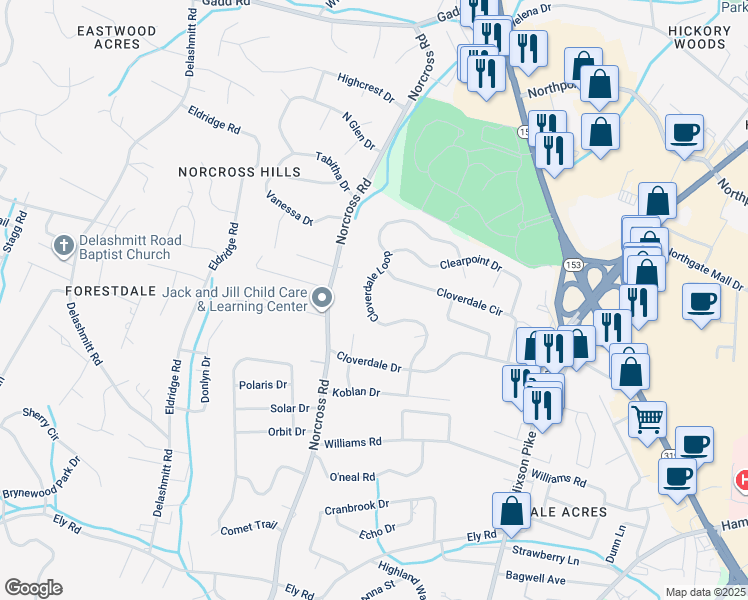map of restaurants, bars, coffee shops, grocery stores, and more near 4526 Cloverdale Loop in Chattanooga