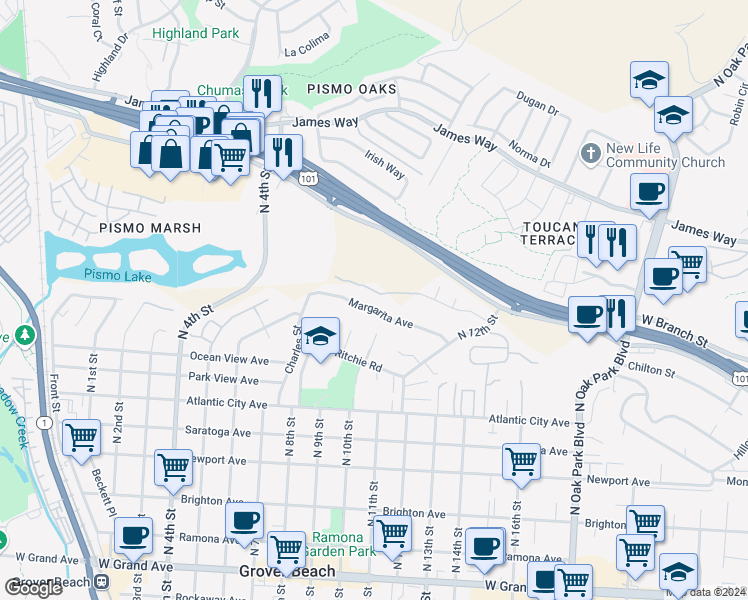 map of restaurants, bars, coffee shops, grocery stores, and more near 1001 Margarita Avenue in Grover Beach