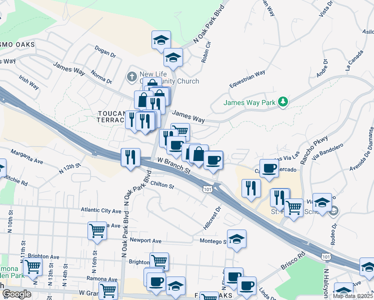 map of restaurants, bars, coffee shops, grocery stores, and more near 1520 West Branch Street in Arroyo Grande