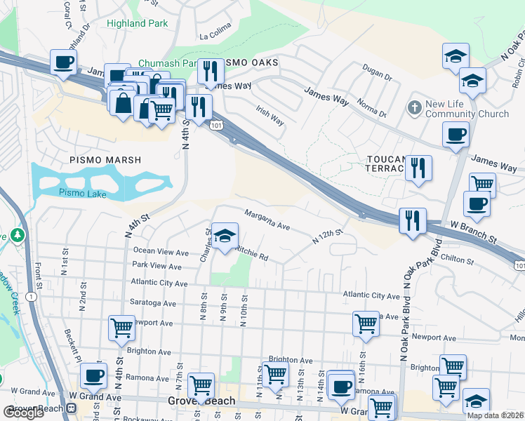 map of restaurants, bars, coffee shops, grocery stores, and more near 1001 Margarita Avenue in Grover Beach