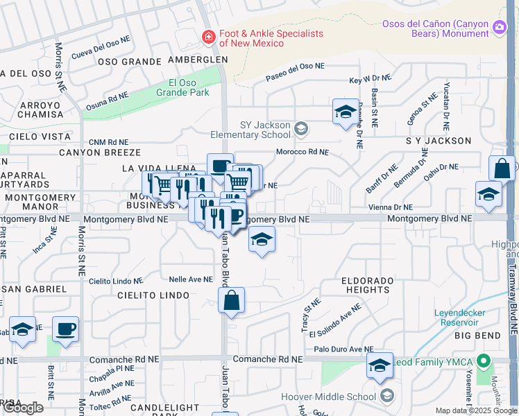 map of restaurants, bars, coffee shops, grocery stores, and more near 11301 Montgomery Boulevard Northeast in Albuquerque