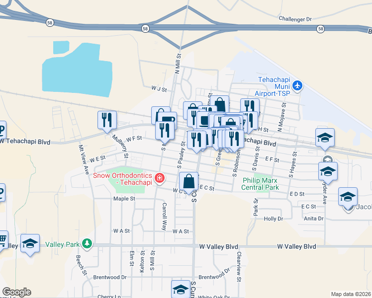 map of restaurants, bars, coffee shops, grocery stores, and more near 225 West F Street in Tehachapi