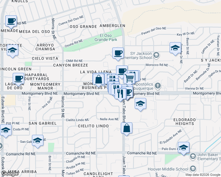 map of restaurants, bars, coffee shops, grocery stores, and more near 10895 Montgomery Boulevard Northeast in Albuquerque
