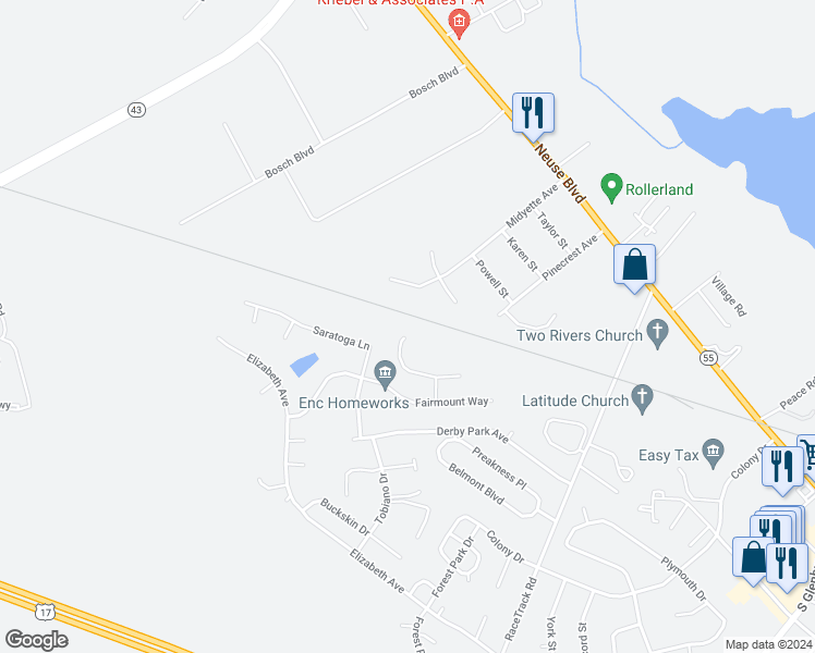 map of restaurants, bars, coffee shops, grocery stores, and more near 230 Church Hill Court in New Bern