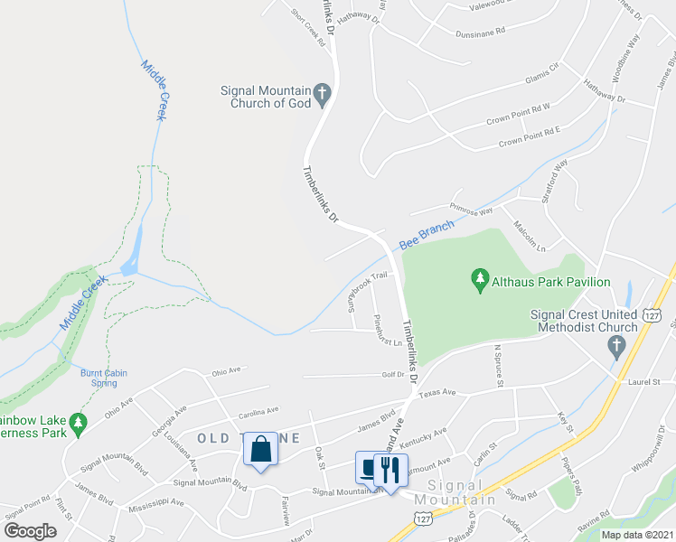 map of restaurants, bars, coffee shops, grocery stores, and more near 201 Bee Branch Boulevard in Signal Mountain
