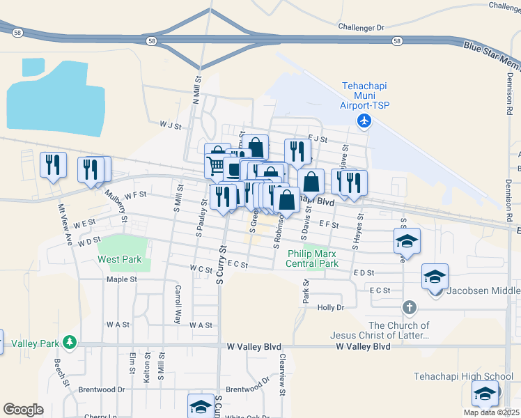 map of restaurants, bars, coffee shops, grocery stores, and more near 110 South Green Street in Tehachapi
