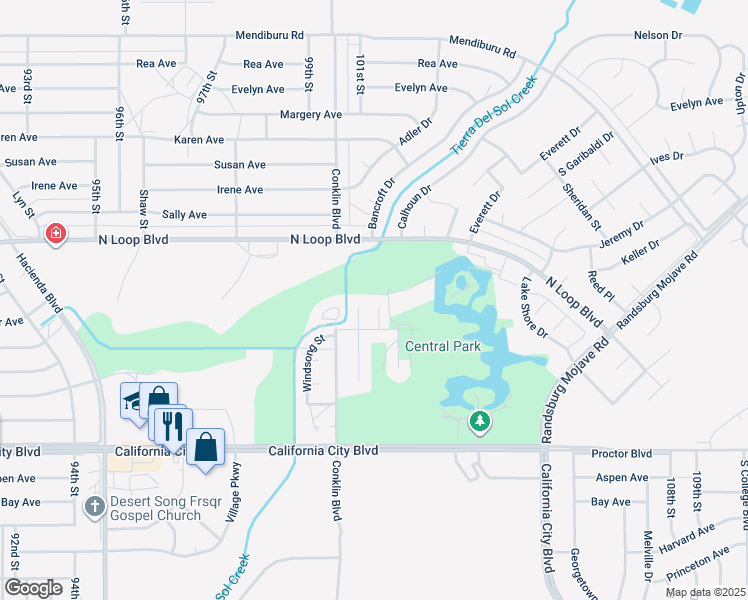 map of restaurants, bars, coffee shops, grocery stores, and more near 21331 Heather Place in California City