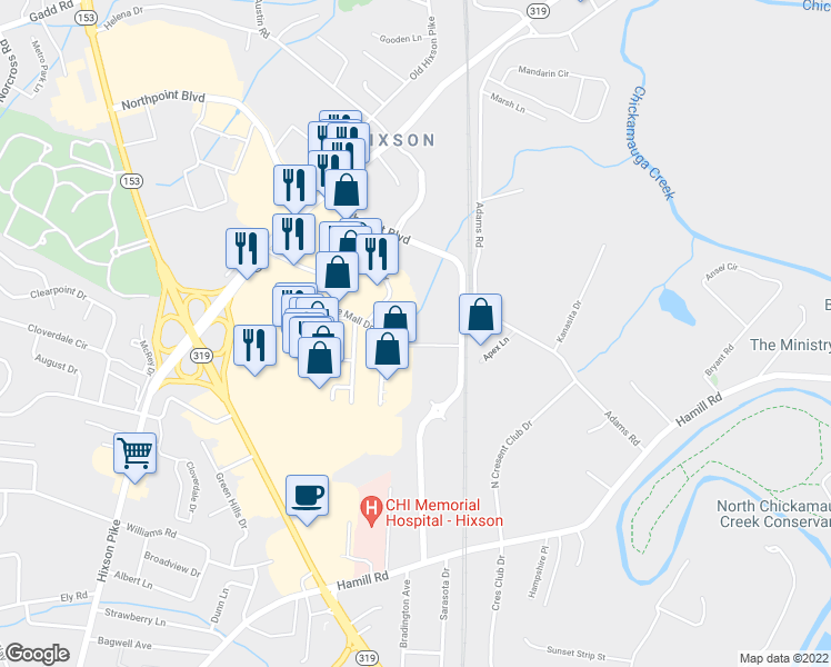 map of restaurants, bars, coffee shops, grocery stores, and more near 1005 Executive Drive in Chattanooga