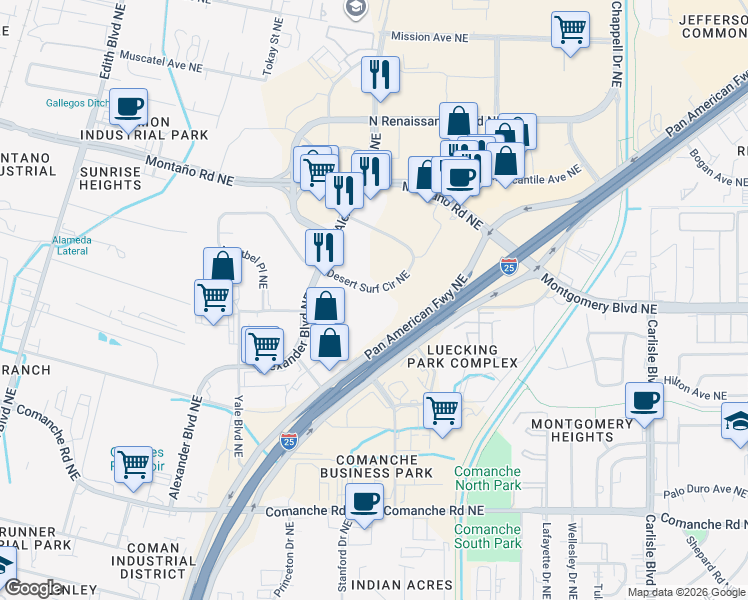 map of restaurants, bars, coffee shops, grocery stores, and more near 1600 Desert Surf Circle Northeast in Albuquerque