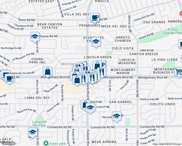map of restaurants, bars, coffee shops, grocery stores, and more near 9701 Montgomery Boulevard Northeast in Albuquerque