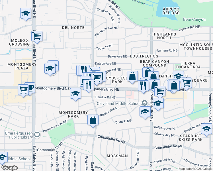 map of restaurants, bars, coffee shops, grocery stores, and more near 4101 Constance Place Northeast in Albuquerque