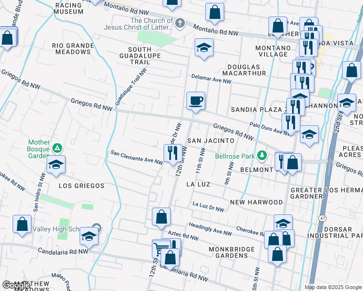 map of restaurants, bars, coffee shops, grocery stores, and more near 4608 Grande Drive Northwest in Albuquerque