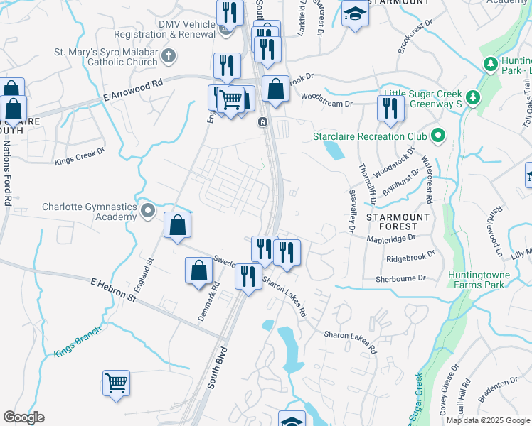 map of restaurants, bars, coffee shops, grocery stores, and more near 7603 South Blvd in Charlotte