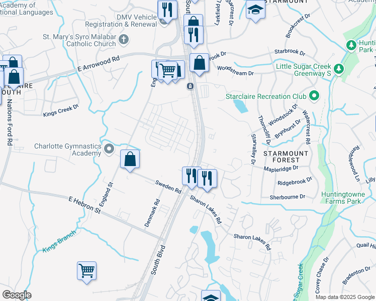 map of restaurants, bars, coffee shops, grocery stores, and more near 7902 Denmark Road in Charlotte