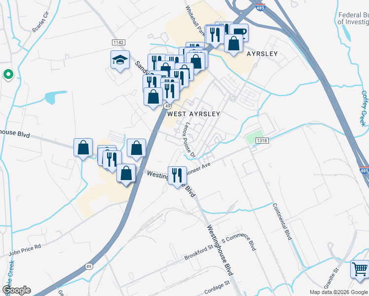 map of restaurants, bars, coffee shops, grocery stores, and more near 8202 Everton Drive in Charlotte