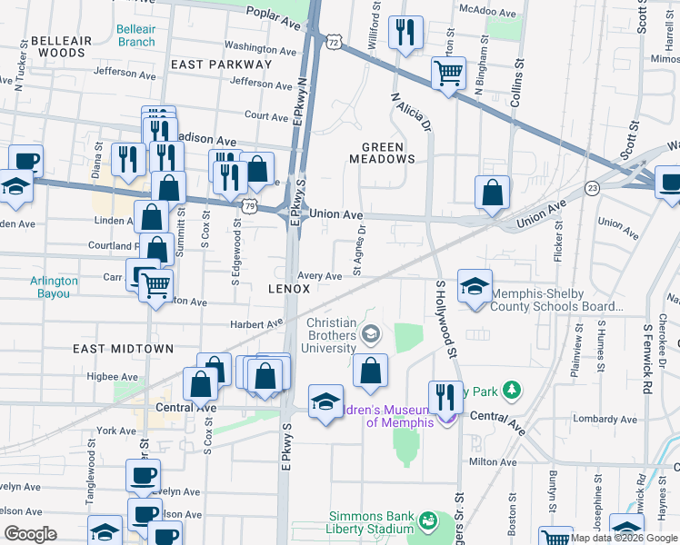 map of restaurants, bars, coffee shops, grocery stores, and more near 167 Roberta Drive in Memphis