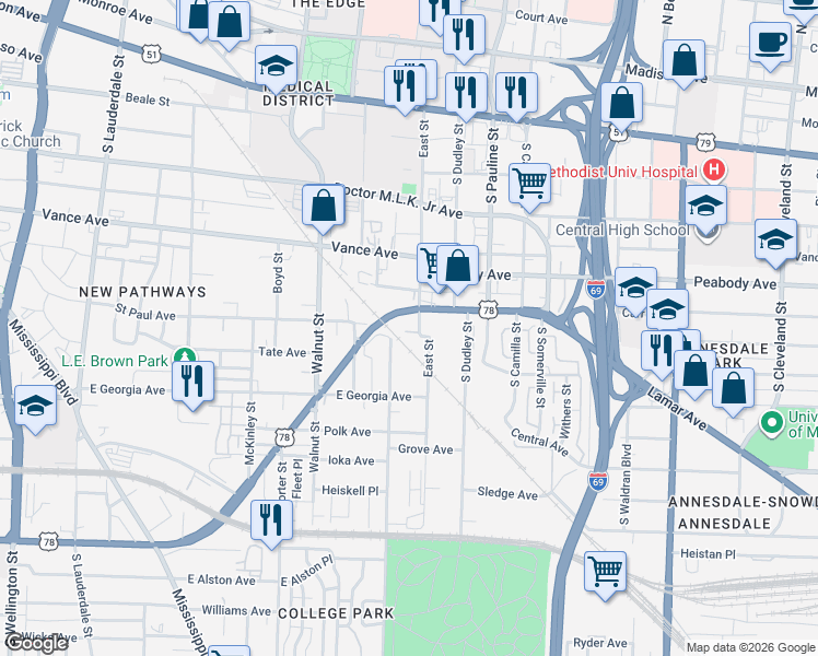 map of restaurants, bars, coffee shops, grocery stores, and more near 571 East Street in Memphis