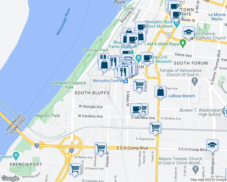 map of restaurants, bars, coffee shops, grocery stores, and more near 7 West GE Patterson Avenue in Memphis
