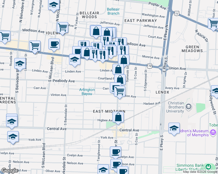 map of restaurants, bars, coffee shops, grocery stores, and more near 2071 Peabody Avenue in Memphis