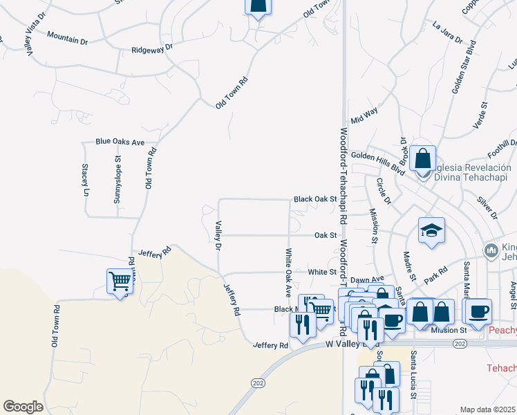 map of restaurants, bars, coffee shops, grocery stores, and more near 20804 Black Oak Street in Tehachapi