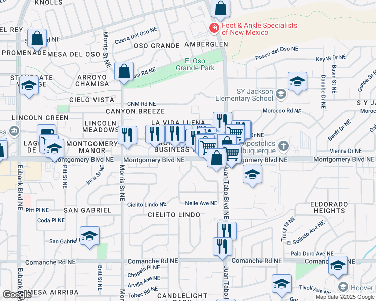 map of restaurants, bars, coffee shops, grocery stores, and more near 10655 Montgomery Boulevard Northeast in Albuquerque