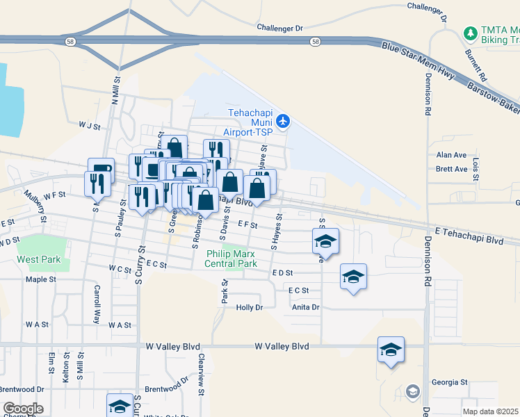 map of restaurants, bars, coffee shops, grocery stores, and more near 406 East Tehachapi Boulevard in Tehachapi