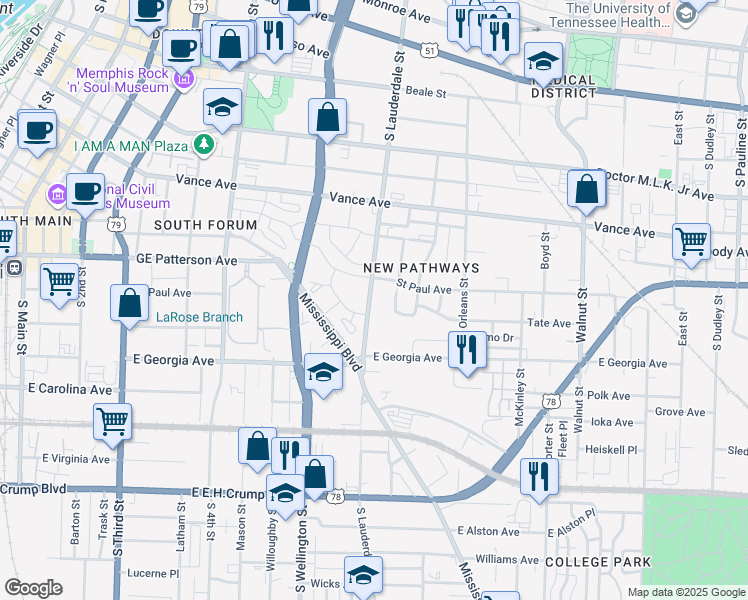 map of restaurants, bars, coffee shops, grocery stores, and more near 460 South Lauderdale Street in Memphis