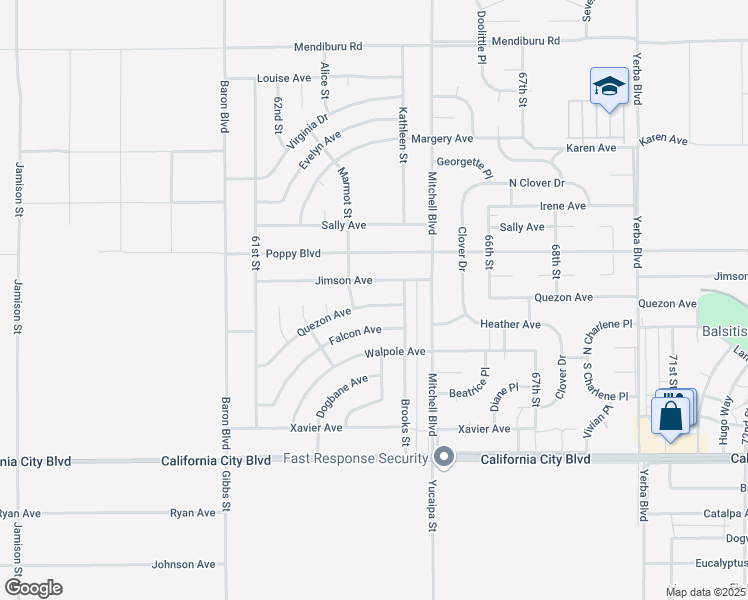 map of restaurants, bars, coffee shops, grocery stores, and more near Quezon Avenue in California City
