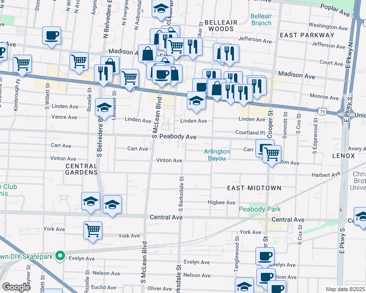 map of restaurants, bars, coffee shops, grocery stores, and more near 515 Peabody Green Cove in Memphis