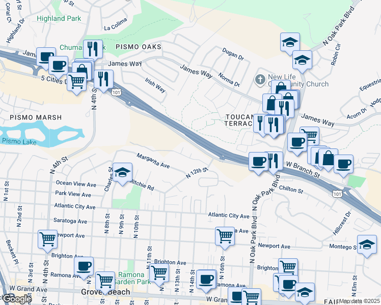 map of restaurants, bars, coffee shops, grocery stores, and more near 10 Mono Court in Grover Beach