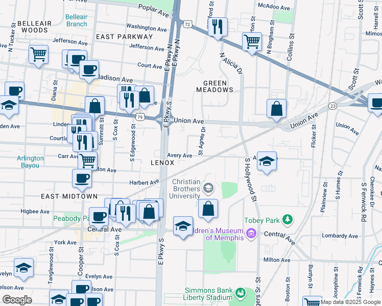 map of restaurants, bars, coffee shops, grocery stores, and more near 167 Roberta Drive in Memphis