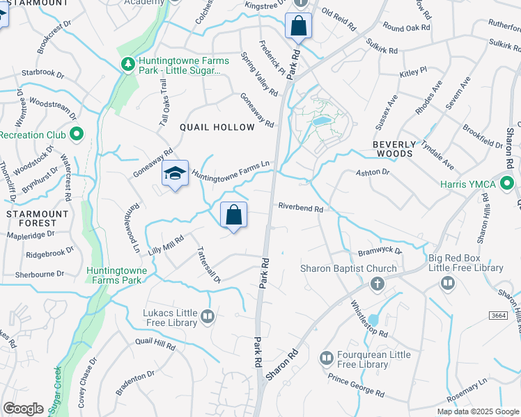 map of restaurants, bars, coffee shops, grocery stores, and more near 2827 Creekbed Lane in Charlotte