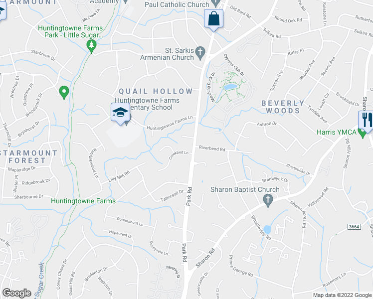 map of restaurants, bars, coffee shops, grocery stores, and more near 2827 Creekbed Lane in Charlotte
