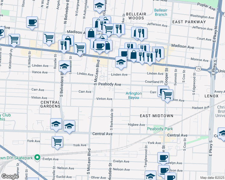 map of restaurants, bars, coffee shops, grocery stores, and more near 515 Peabody Green Cove in Memphis