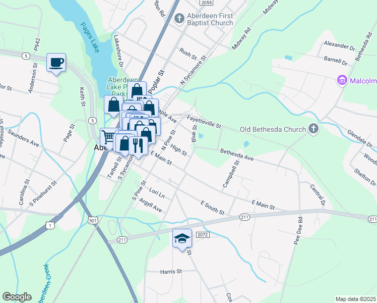 map of restaurants, bars, coffee shops, grocery stores, and more near 201 Blue Street in Aberdeen