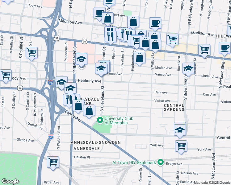 map of restaurants, bars, coffee shops, grocery stores, and more near 1399 Carr Avenue in Memphis