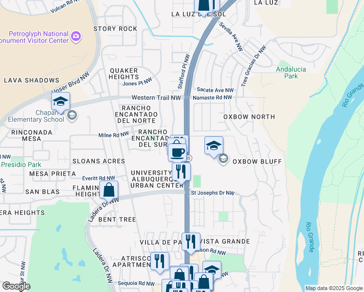 map of restaurants, bars, coffee shops, grocery stores, and more near 4351 Coors Boulevard Northwest in Albuquerque