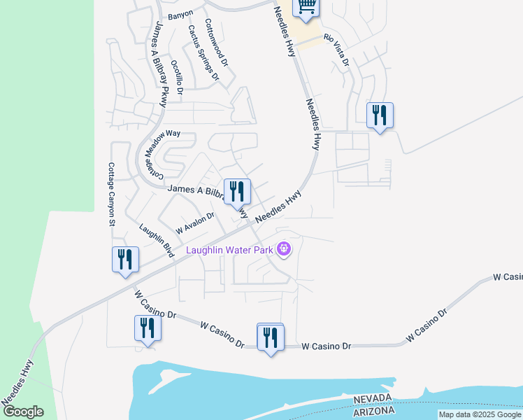 map of restaurants, bars, coffee shops, grocery stores, and more near 3665 south Needles Highway in Laughlin