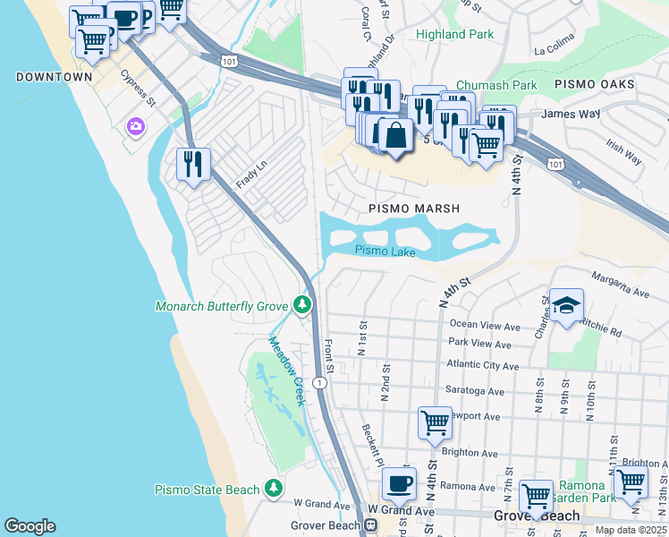 map of restaurants, bars, coffee shops, grocery stores, and more near 897 Front Street in Grover Beach