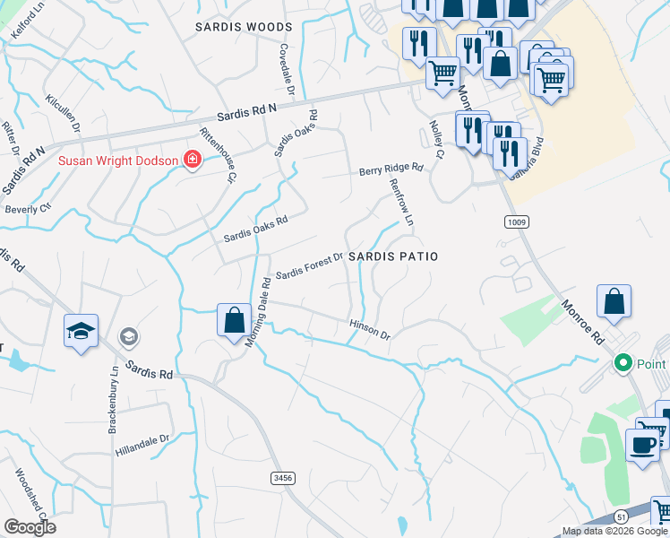 map of restaurants, bars, coffee shops, grocery stores, and more near 9232 Sardis Forest Drive in Charlotte