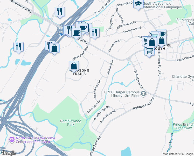 map of restaurants, bars, coffee shops, grocery stores, and more near 624 Sunlit Lane in Charlotte